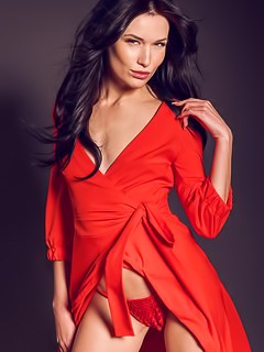 Charming Brunette Elouisa In Red Dress